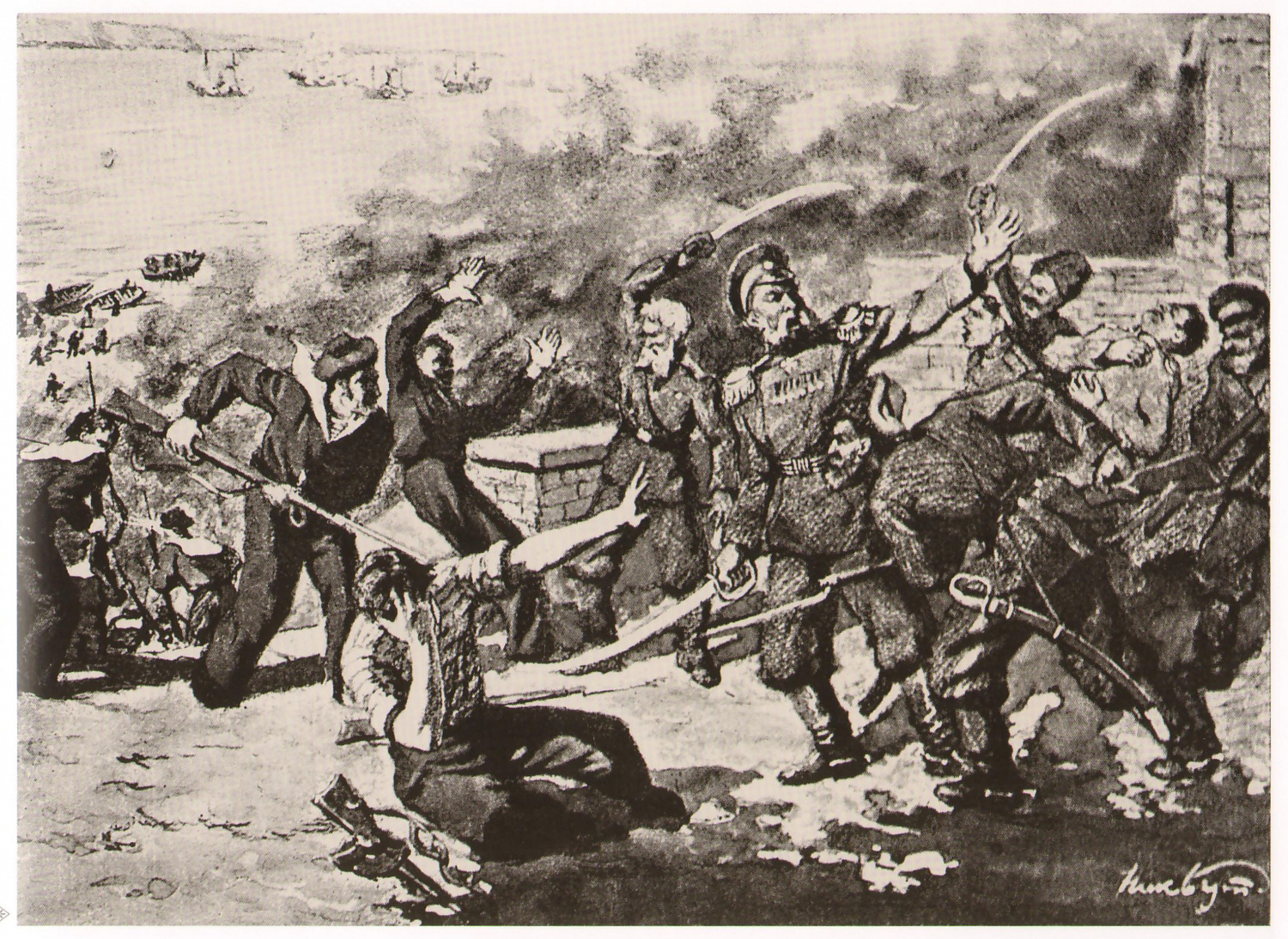 1855 г.  22 мая. Разгром казаками англо-французского десанта на Каменной лестнице. Художник Н. Бут
